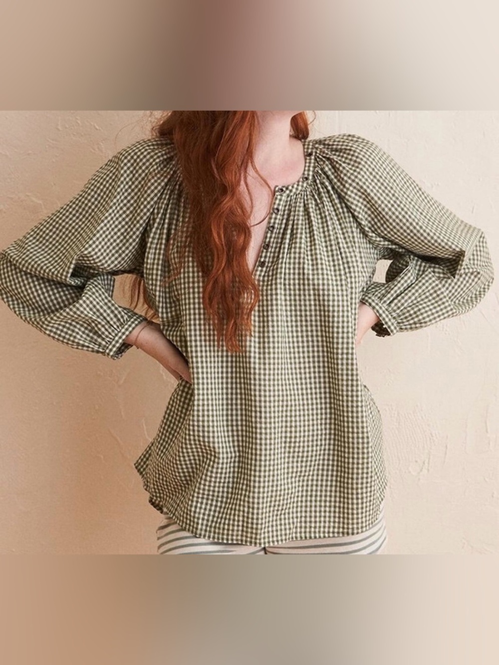 Aerie Gingham Peasant Blouse in Green Women’s Size‎ Large